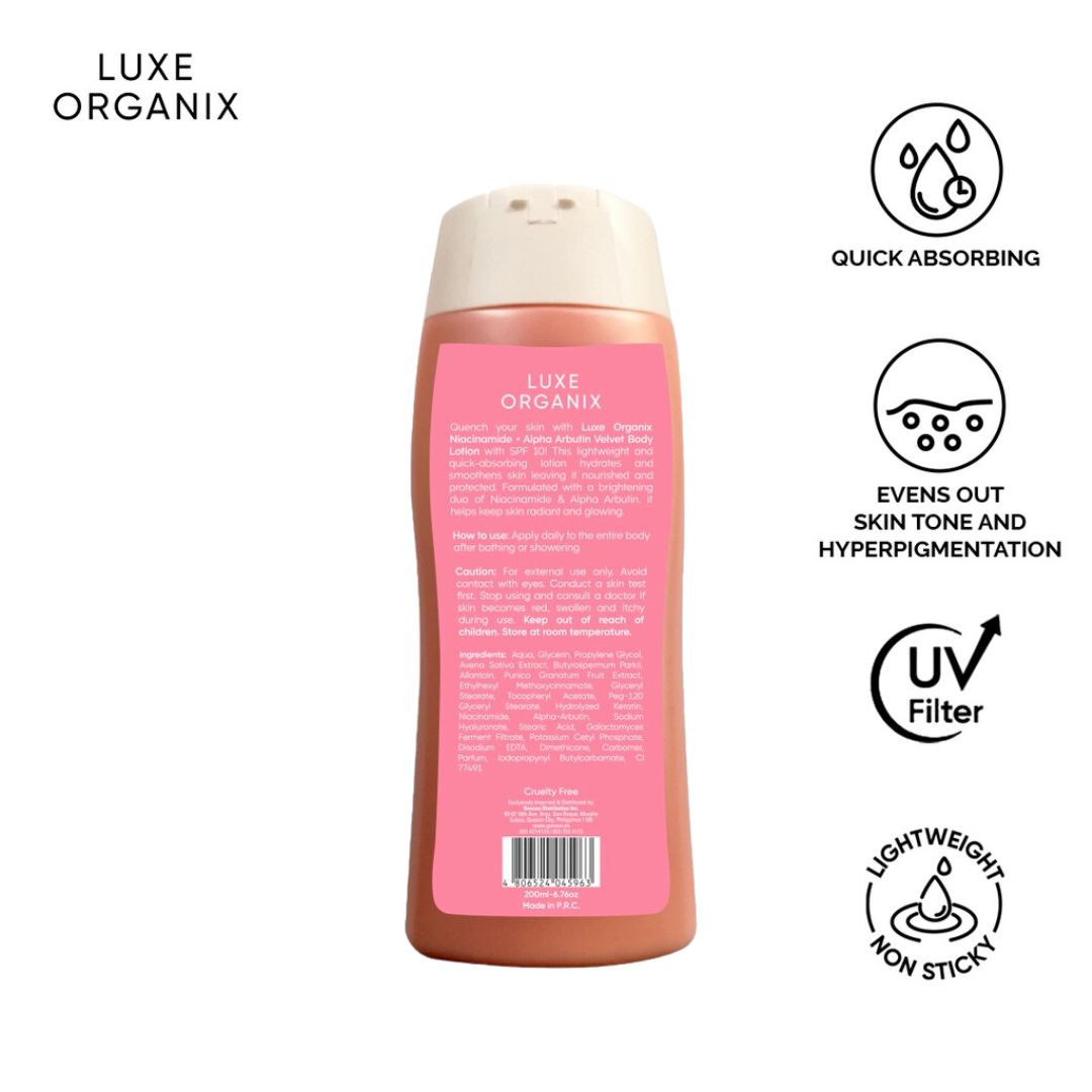 LUXEORGANIXNIACINAMIDE_ALPHAARBUTINVELVETBODYLOTIONSPF10200ML-back-cosyaustralia.jpg