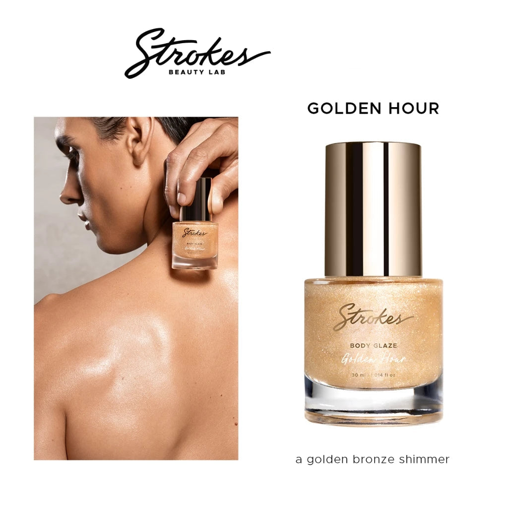 Strokes body glaze bottle with a woman applying it to her shoulder, featuring the Strokes Beauty Lab brand.