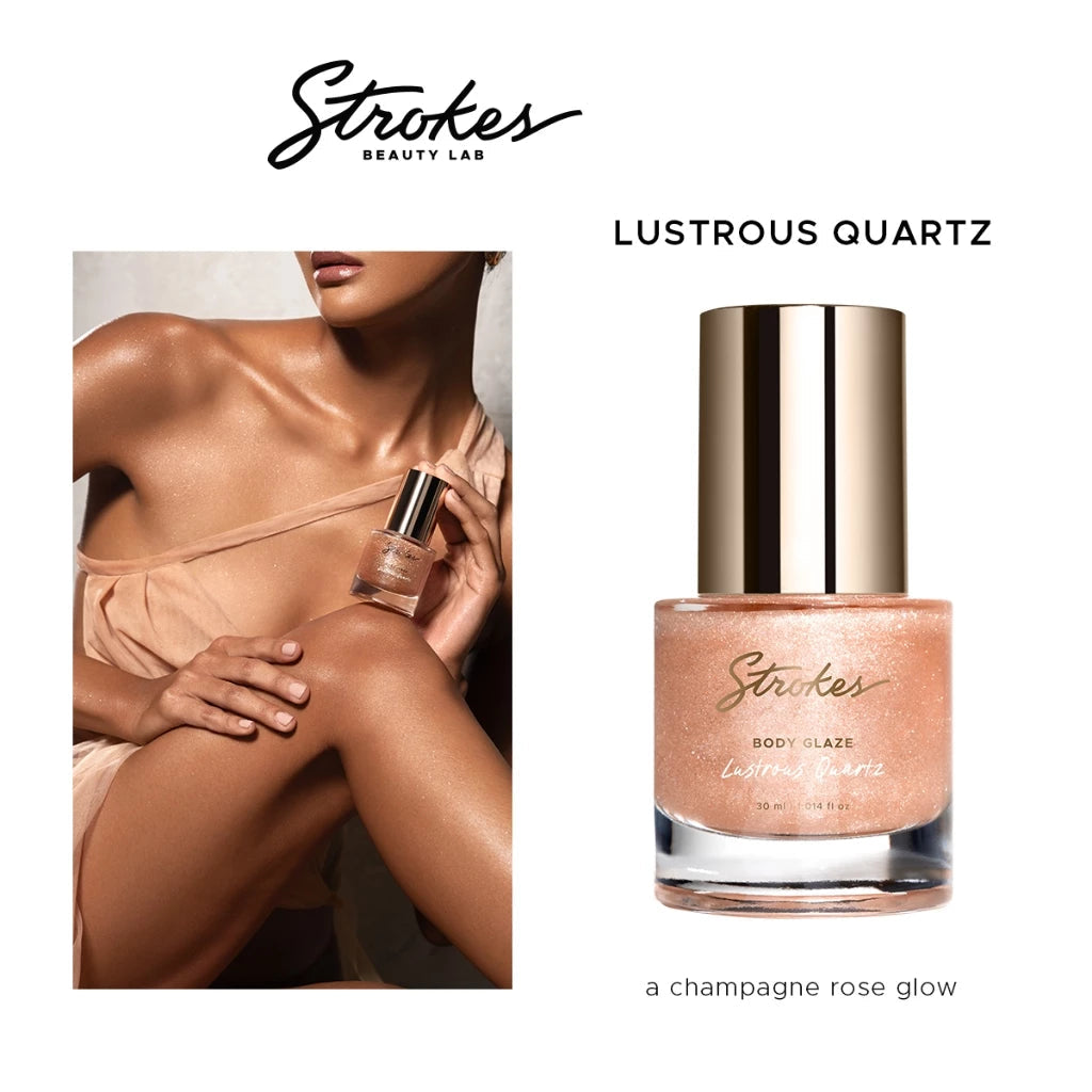 Strokes Beauty Lab Lustrous Quartz body glaze with a model holding a bottle on a white background
